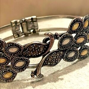 Peacock Hinged Bangle Bracelet Silver 6-7”